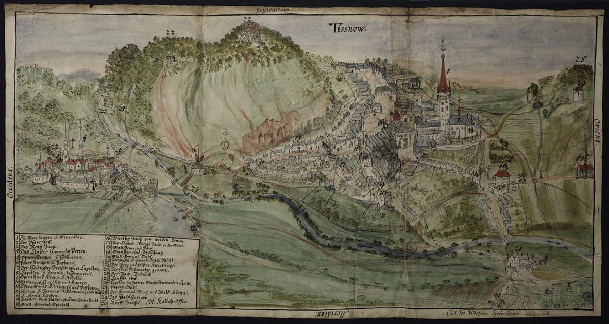 Veduta města Tišnova z roku 1728 od Karla Josefa Vokouna