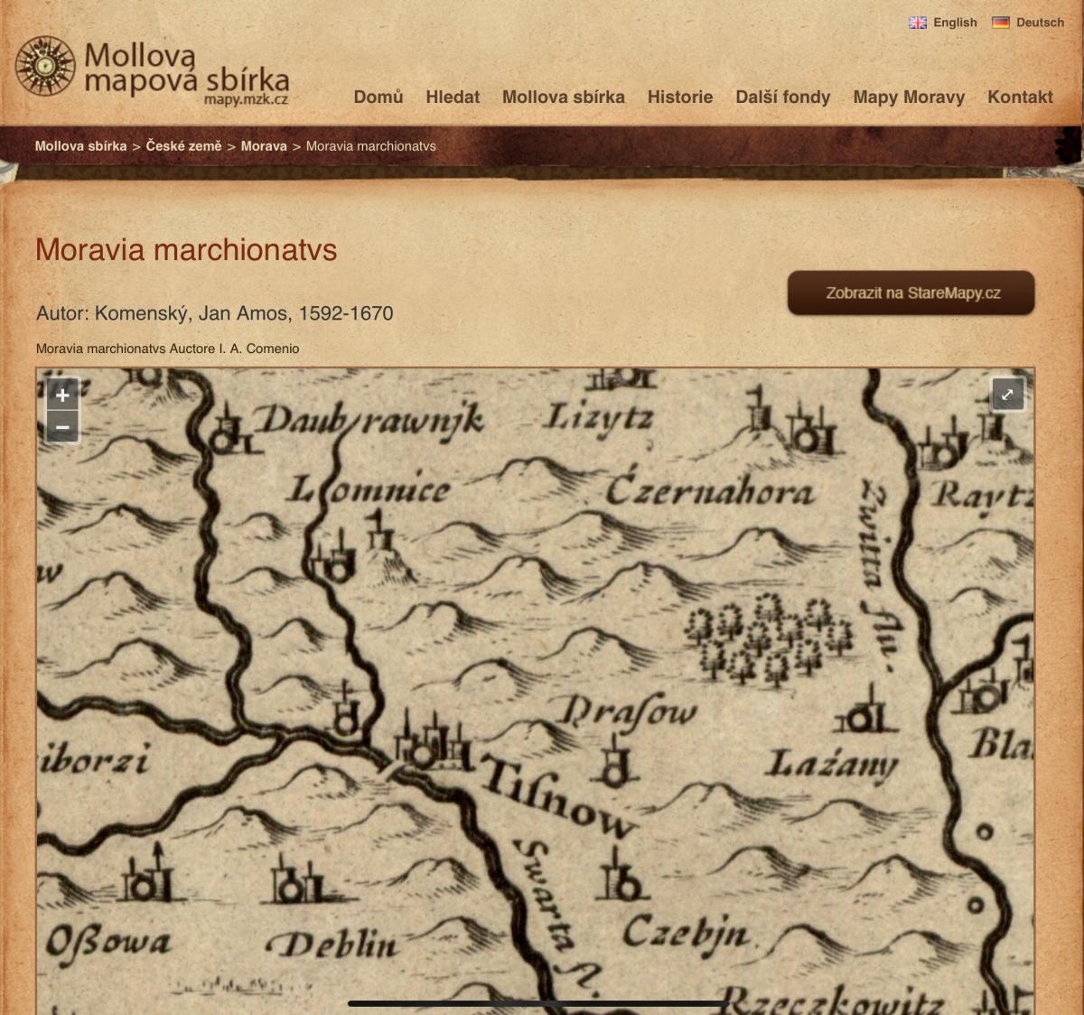 Komenského mapa Moravy z roku 1592-1670. Tok dnešního Besénku je patrný, název ale není uveden. 