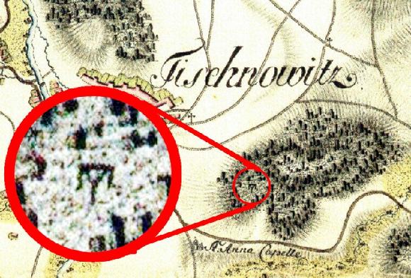 Zaznačená tišnovská šibenice na prvním vojenském mapování
