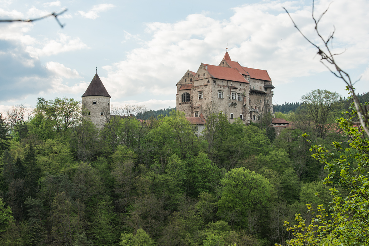 Pohled na hrad Pernštejn ze Skalní vyhlídky